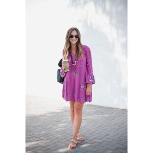 Free People Oxford Embroidery Mini Long Sleeve Dress Pockets Pink Women's Sz XS